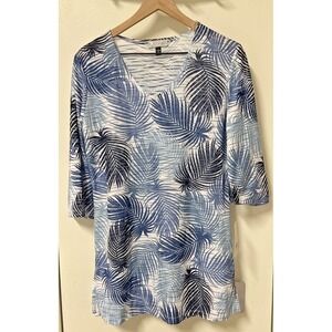 J Valdi WomenSize Small‎ Swim Cover Up Blue Palm 3/4 Sleeve V-Neck Resortwear